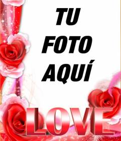 Marco para fotos de amor, con borde de rosas y la palabra LOVE en grande -  Fotoefectos